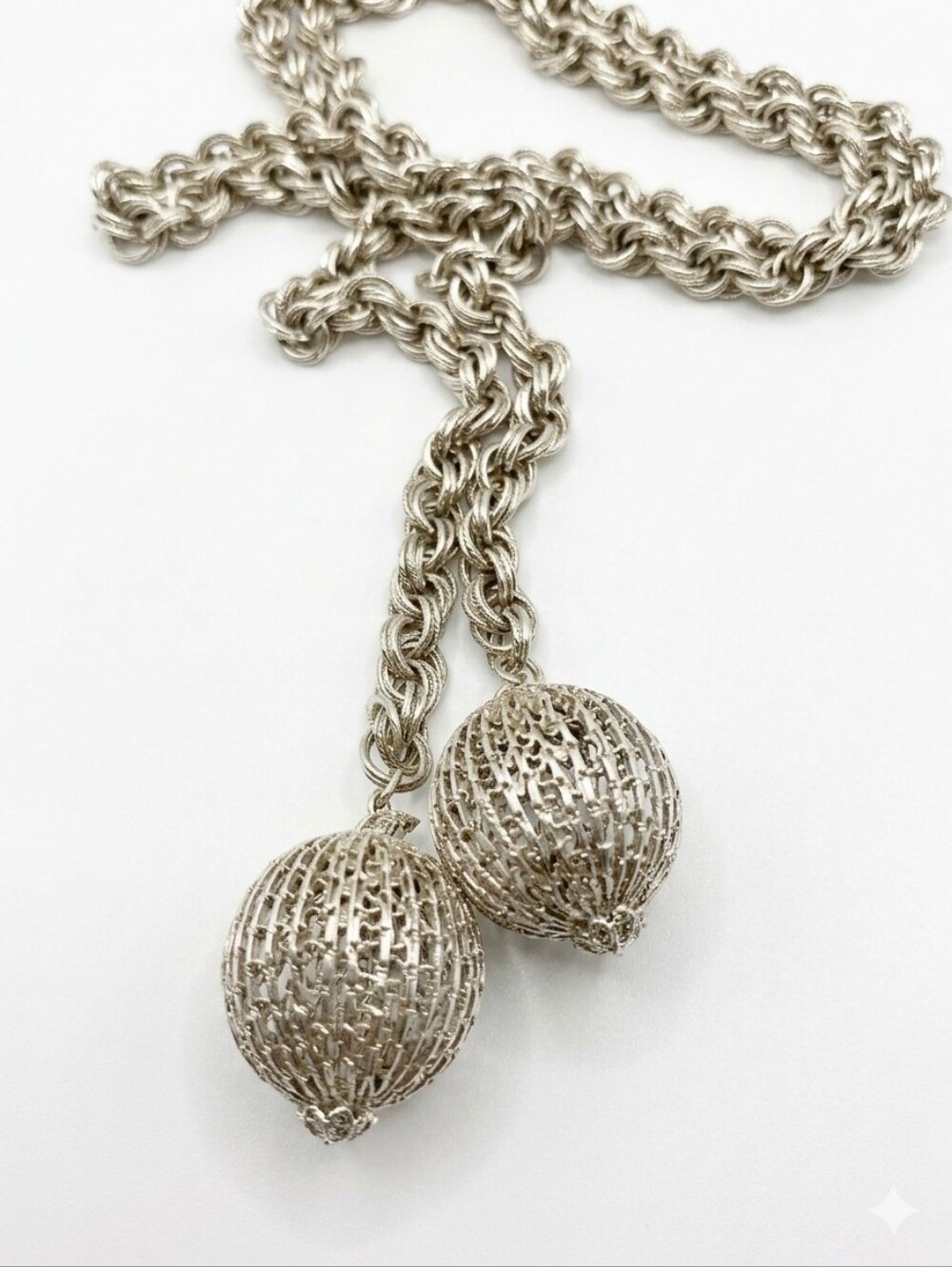 Silver Rope Chain Necklace with Knotted Sphere Pendants - Women Jewelry - Picture 2 of 2